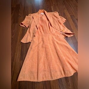 Vintage 60s 2 Piece Suit Lined Dress Blazer Jacket Peach Orange Size S XS